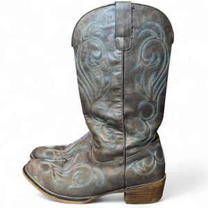 Roper Women’s Size 8.5 Western Cowboy Boots Gray Blue Stitching Square Toe All M